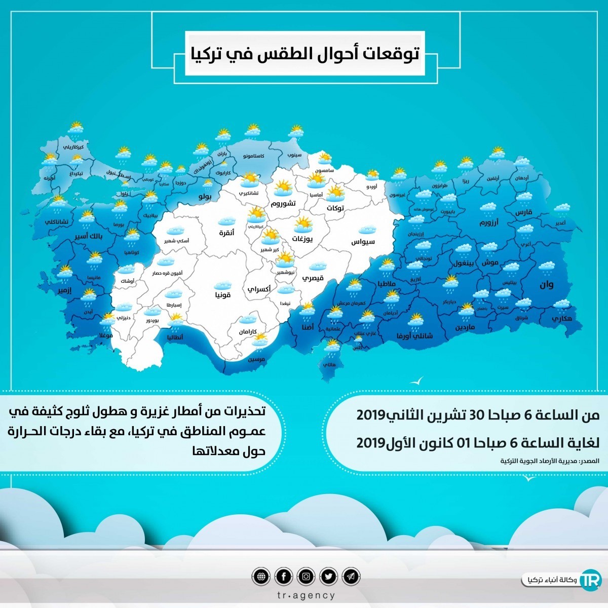 أحوال الطقس افي تركيا ليوم السبت 