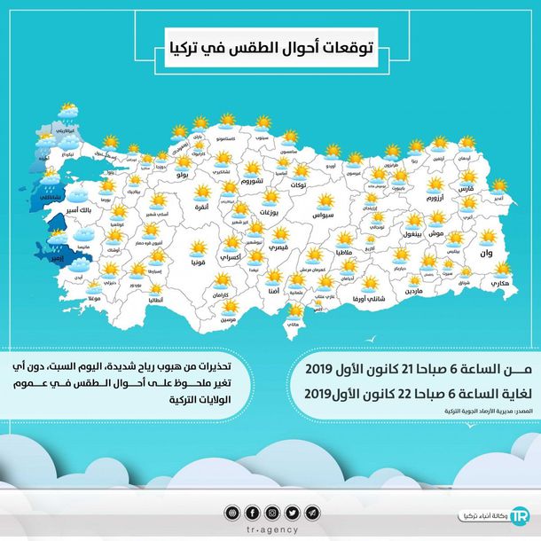 أحوال الطقس في تركيا اليوم السبت